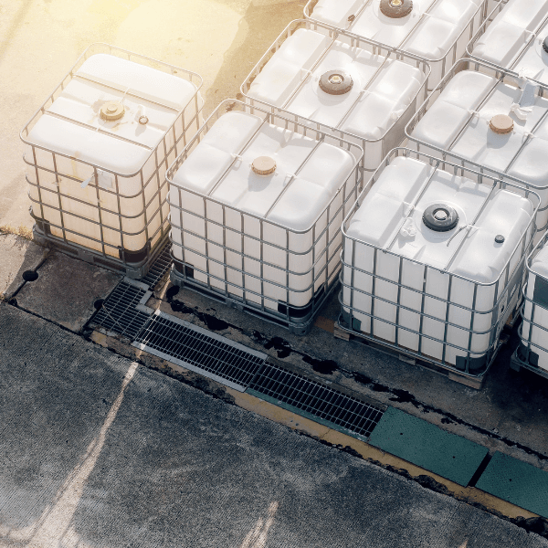 IBC totes staged in an industrial yard