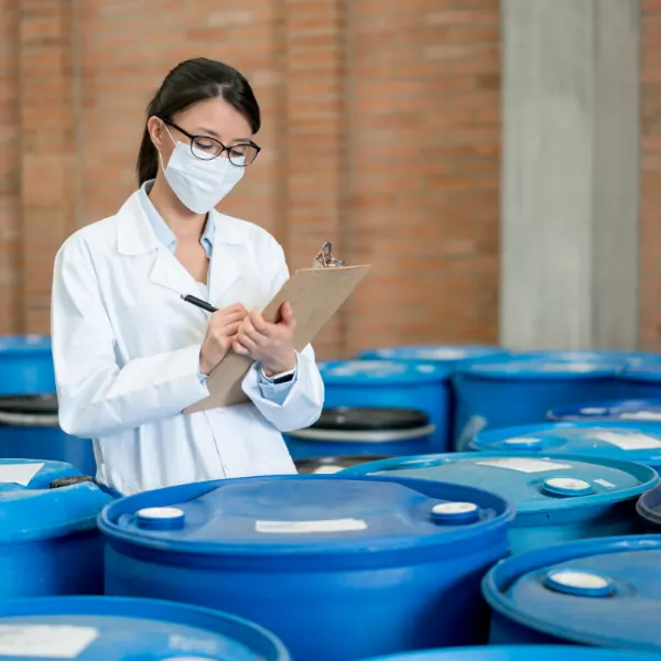 Technician with a clipboard inspecting rows of blue HDPE drums