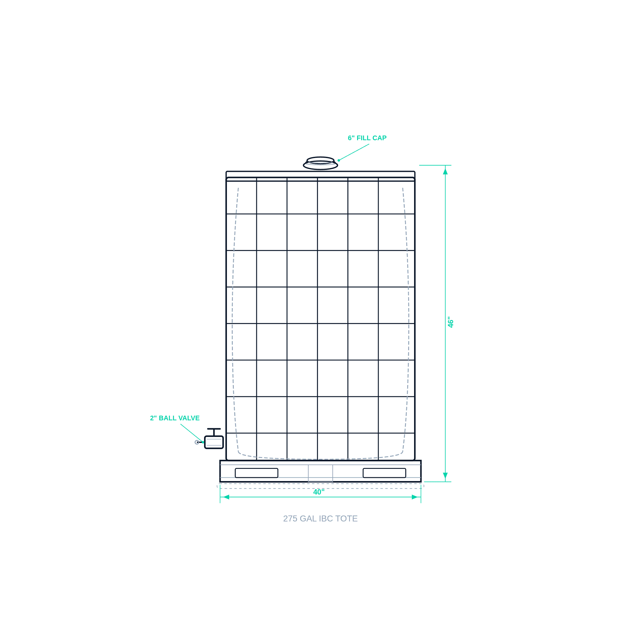 275-Gallon IBC Tote — Reconditioned — dimensioned specification diagram