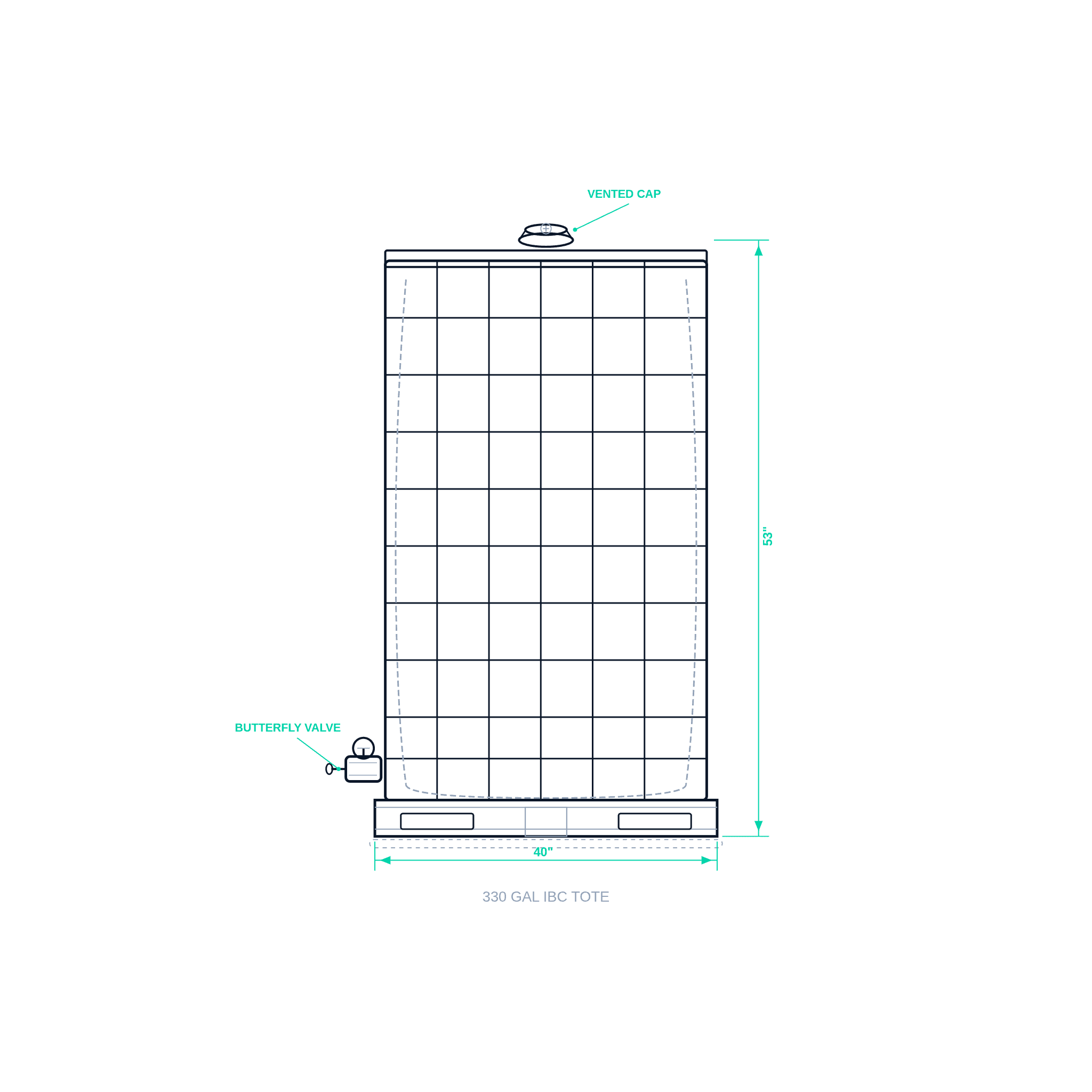 330-Gallon IBC Tote — New — dimensioned specification diagram