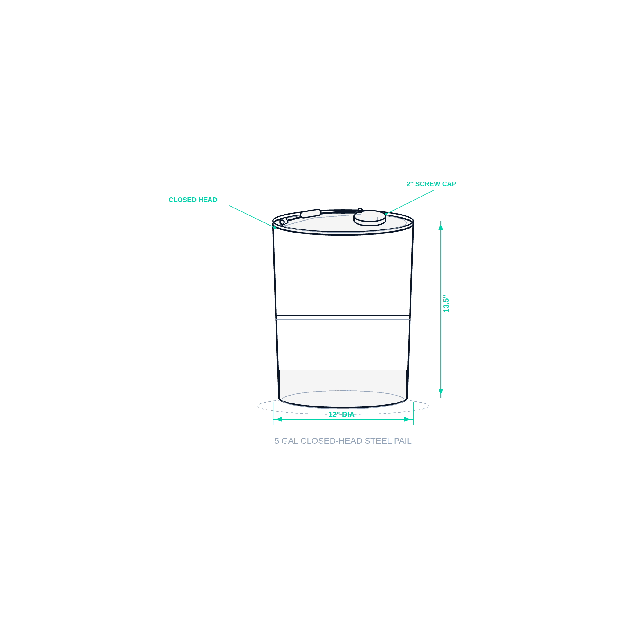 5-Gallon Closed-Head Steel Pail — dimensioned specification diagram
