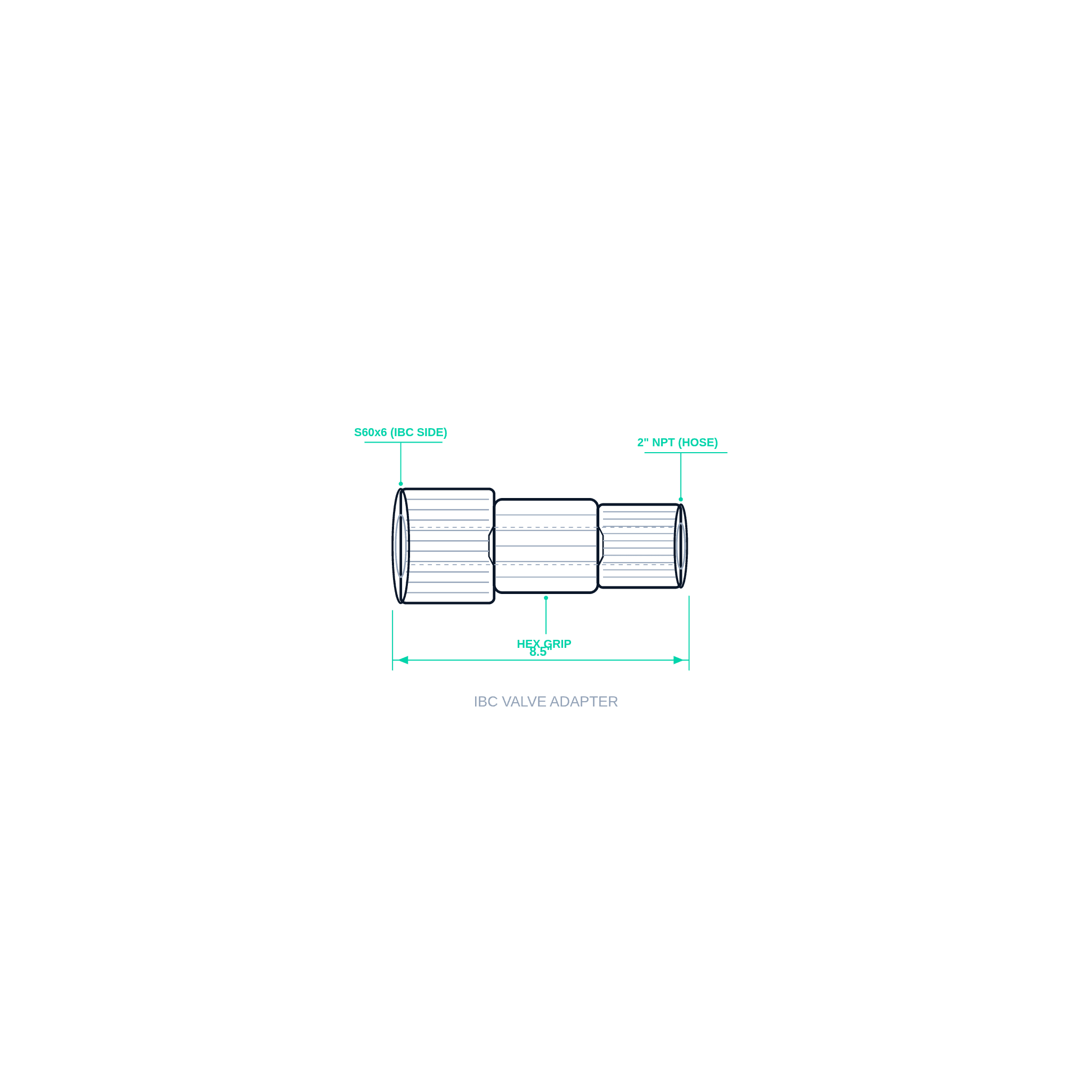 IBC Adapter — 2" to NPT — dimensioned specification diagram